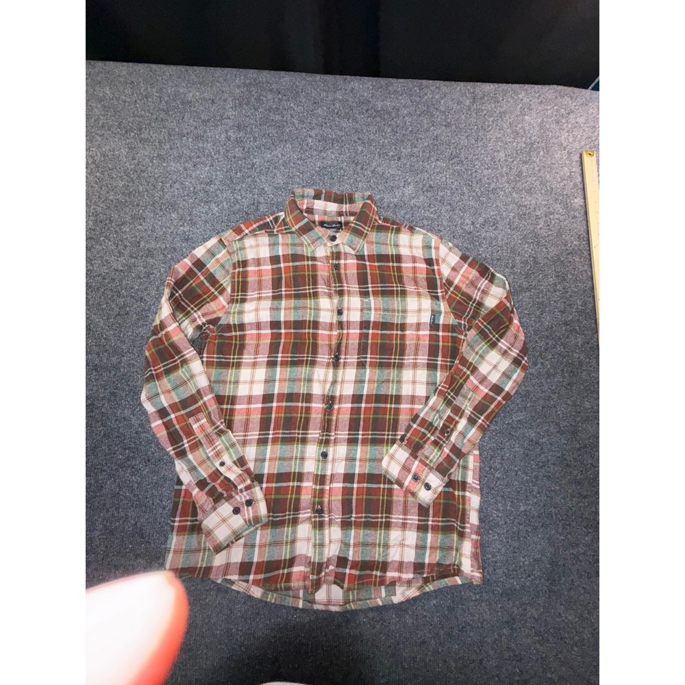 Eddie Bauer Mens Large Brown Cream Green Plaid Flannel Button Down Shirt L/G